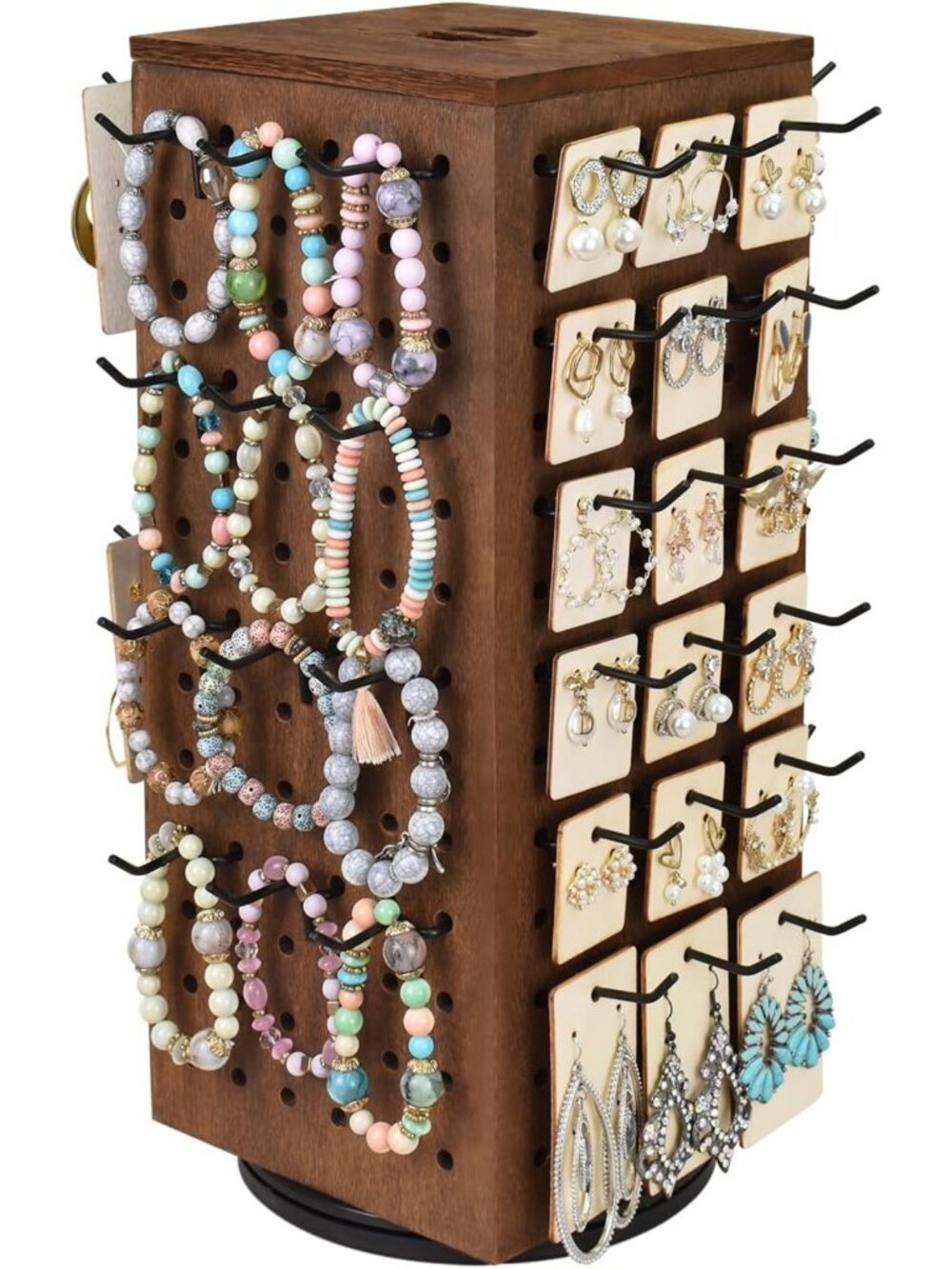 Rotating Wooden Jewelry Organizer with 48 Hooks - Stylish Brown Display Stand